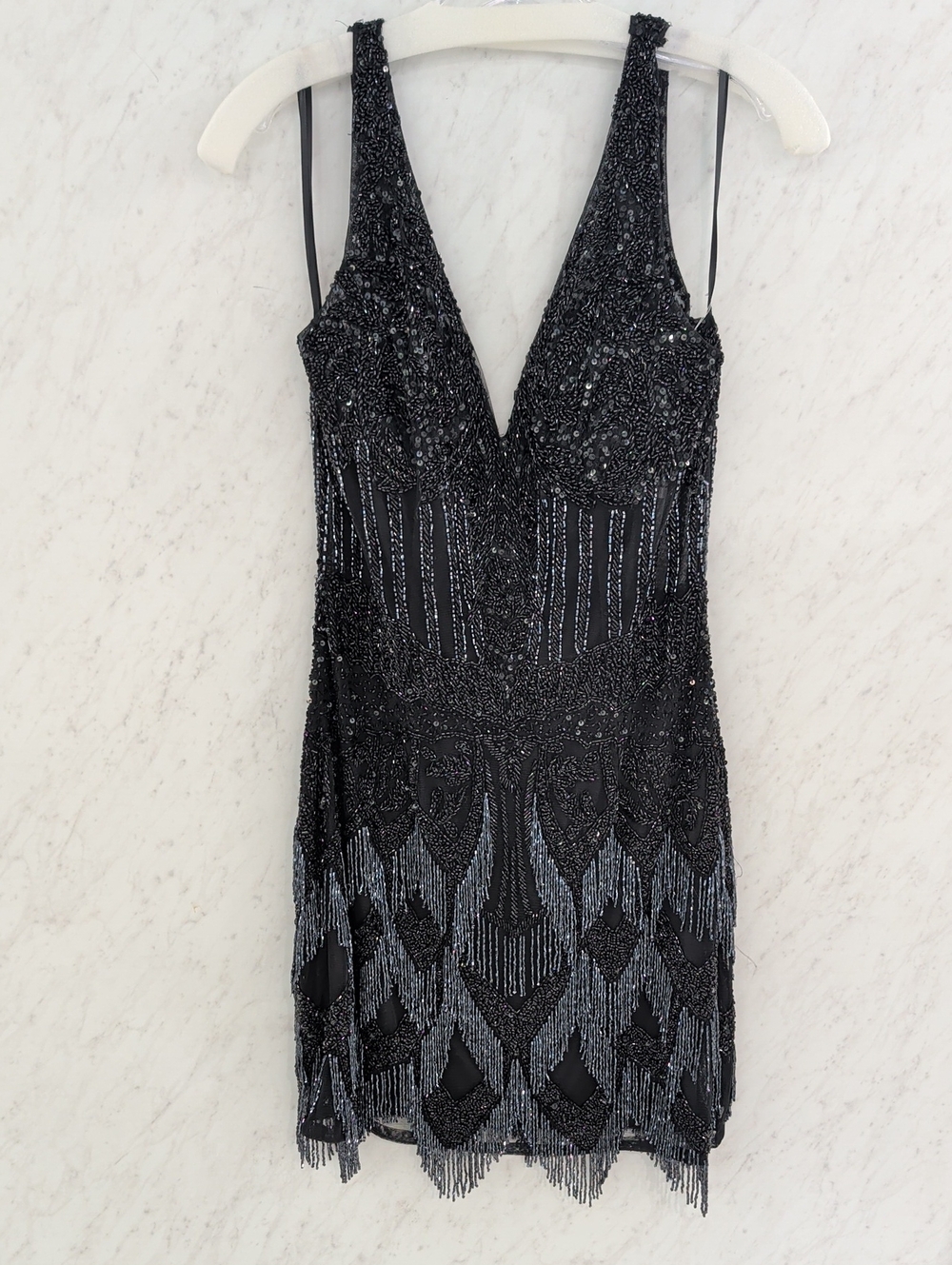 Primavera Couture Black Beaded V-Neck Mini Dress